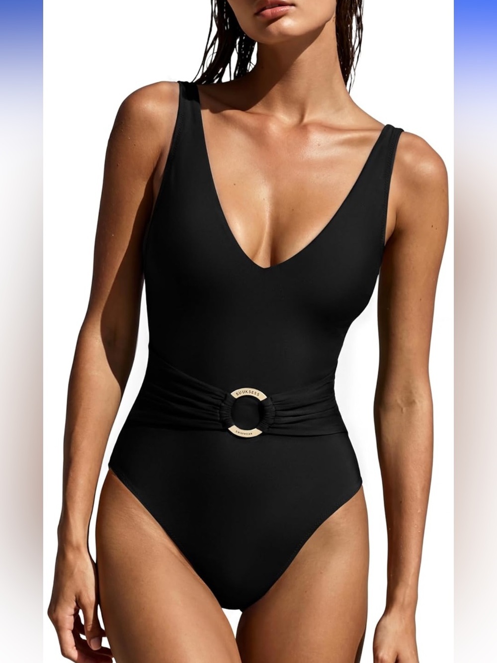 Retro One Piece Swimsuit Gold Metal Tummy Control V Neck Sexy High Waisted  S